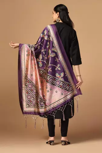 Purple Assam Silk Ceremonial Wear Printed Dupatta For Girls