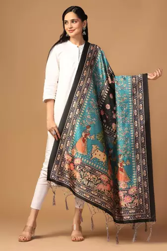 Sea Green Assam Silk Ceremonial Wear Designer Printed Dupatta For Girls