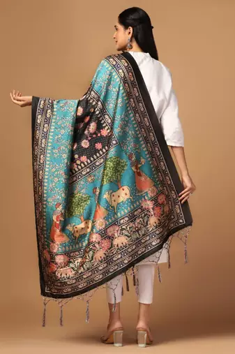 Sea Green Assam Silk Ceremonial Wear Printed Dupatta For Girls