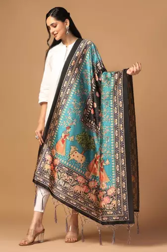 Sea Green Assam Silk Ceremonial Wear Printed Dupatta For Girls