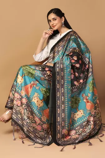 Sea Green Assam Silk Ceremonial Wear Printed Dupatta For Girls