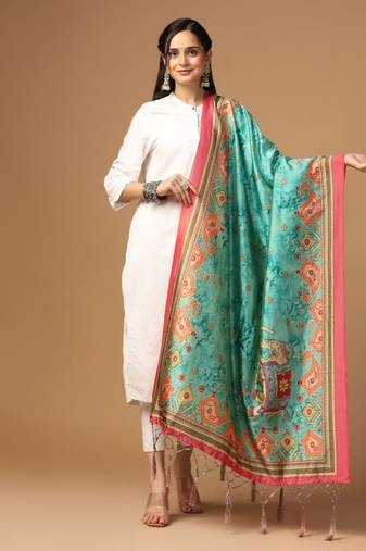 Sea Green Assam Silk Ceremonial Wear Designer Printed Dupatta For Girls