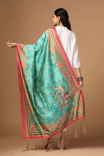 Sea Green Assam Silk Ceremonial Wear Printed Dupatta For Girls