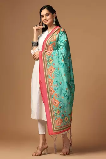 Sea Green Assam Silk Ceremonial Wear Printed Dupatta For Girls