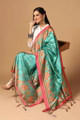 Sea Green Assam Silk Ceremonial Wear Printed Dupatta For Girls