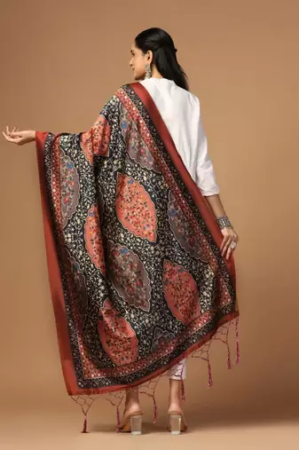 Black Assam Silk Ceremonial Wear Printed Dupatta For Girls