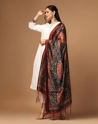 Black Assam Silk Ceremonial Wear Printed Dupatta For Girls 3