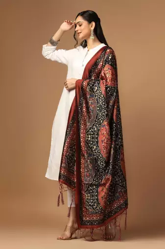 Black Assam Silk Ceremonial Wear Printed Dupatta For Girls