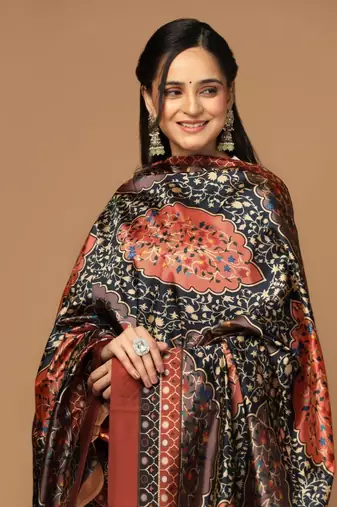 Black Assam Silk Ceremonial Wear Printed Dupatta For Girls