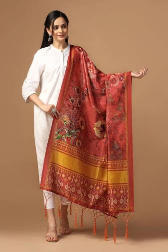 Rust Assam Silk Ceremonial Wear Designer Printed Dupatta For Girls