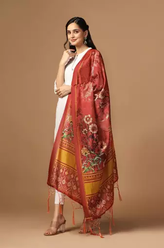 Rust Assam Silk Ceremonial Wear Printed Dupatta For Girls