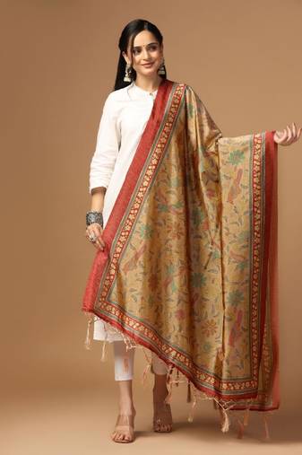 Beige Assam Silk Designer Digital Printed Partywear Dupatta