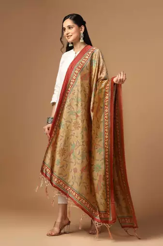 Beige Assam Silk Digital Printed Partywear Dupatta