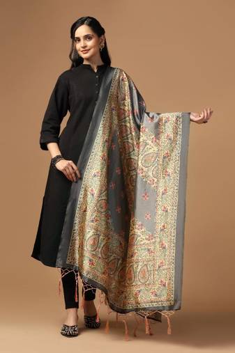 Grey Assam Silk Designer Digital Printed Partywear Dupatta