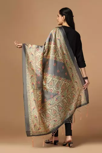 Grey Assam Silk Digital Printed Partywear Dupatta