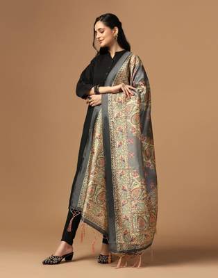 Grey Assam Silk Digital Printed Partywear Dupatta 3