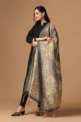 Grey Assam Silk Digital Printed Partywear Dupatta