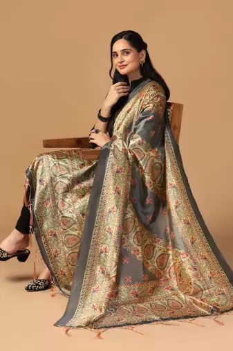 Grey Assam Silk Digital Printed Partywear Dupatta