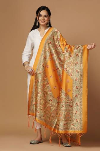 Mustard Assam Silk Designer Digital Printed Partywear Dupatta