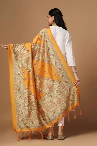 Mustard Assam Silk Digital Printed Partywear Dupatta