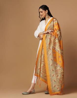 Mustard Assam Silk Digital Printed Partywear Dupatta 3