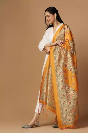 Mustard Assam Silk Digital Printed Partywear Dupatta