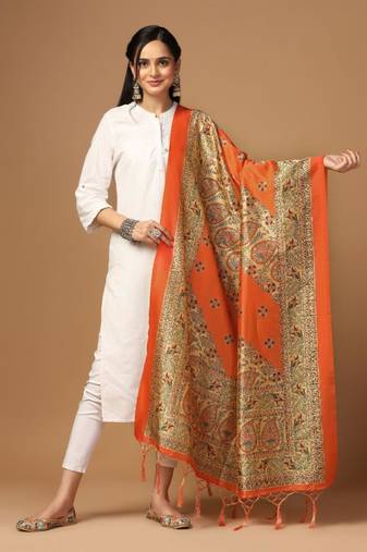 Orange Assam Silk Designer Digital Printed Partywear Dupatta