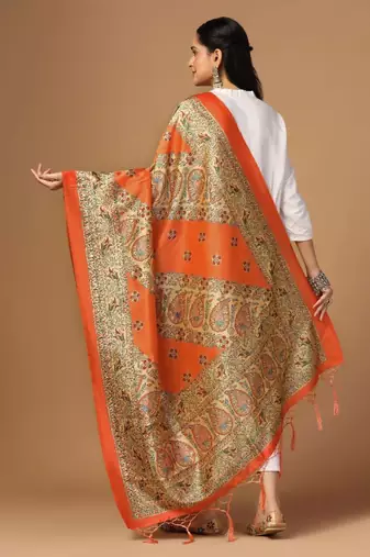 Orange Assam Silk Digital Printed Partywear Dupatta