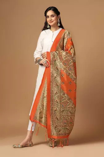 Orange Assam Silk Digital Printed Partywear Dupatta