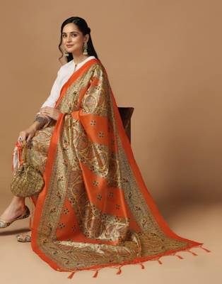 Orange Assam Silk Digital Printed Partywear Dupatta 4