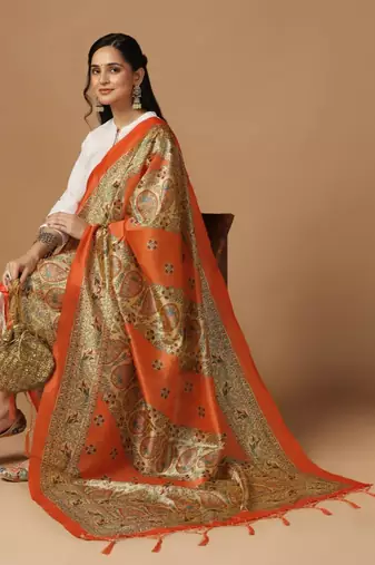 Orange Assam Silk Digital Printed Partywear Dupatta