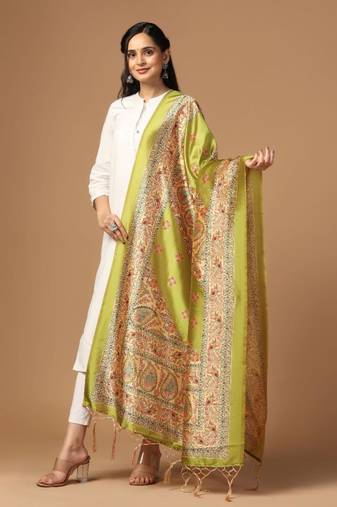 Green Assam Silk Designer Digital Printed Partywear Dupatta