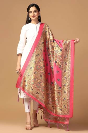 Pink Assam Silk Designer Digital Printed Partywear Dupatta