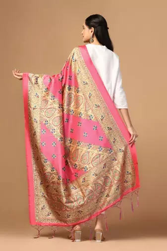 Pink Assam Silk Digital Printed Partywear Dupatta