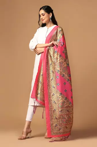 Pink Assam Silk Digital Printed Partywear Dupatta