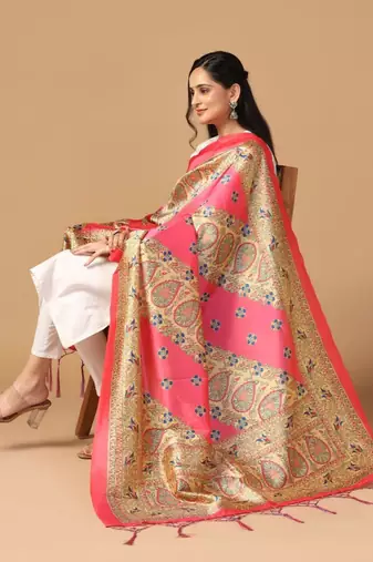 Pink Assam Silk Digital Printed Partywear Dupatta