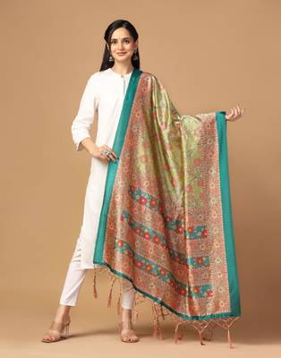 Parrot Green Assam Silk Digital Printed Partywear Dupatta 1