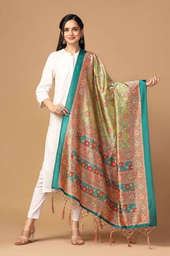 Parrot Green Assam Silk Designer Digital Printed Partywear Dupatta