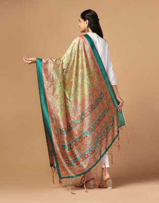 Parrot Green Assam Silk Digital Printed Partywear Dupatta 2