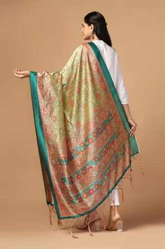 Parrot Green Assam Silk Digital Printed Partywear Dupatta