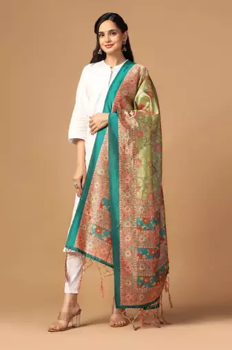Parrot Green Assam Silk Digital Printed Partywear Dupatta