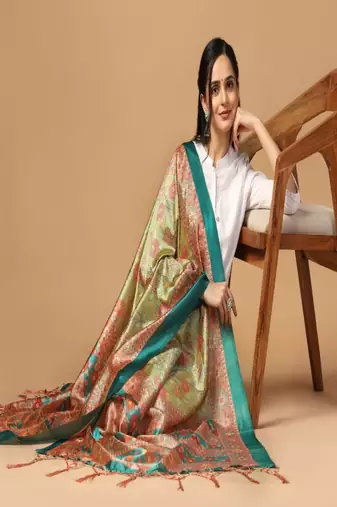 Parrot Green Assam Silk Digital Printed Partywear Dupatta