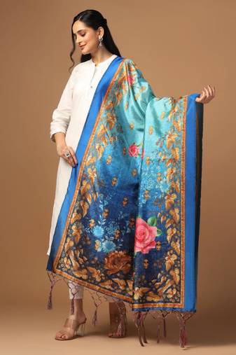 Blue Assam Silk Designer Digital Printed Partywear Dupatta