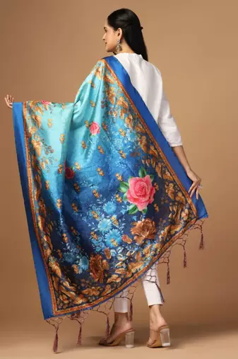 Blue Assam Silk Digital Printed Partywear Dupatta