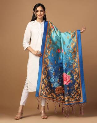 Blue Assam Silk Digital Printed Partywear Dupatta 3