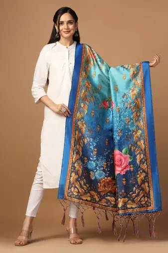 Blue Assam Silk Digital Printed Partywear Dupatta