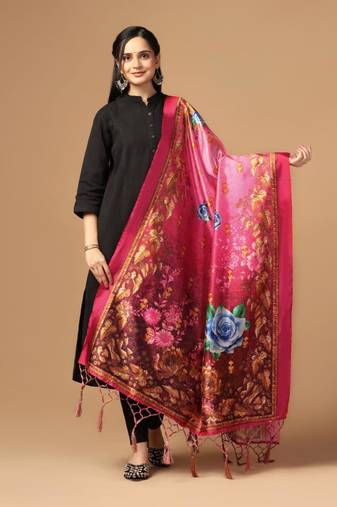 Pink Assam Silk Designer Digital Printed Partywear Dupatta