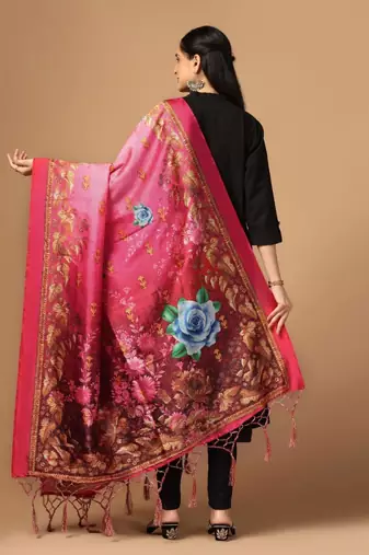 Pink Assam Silk Digital Printed Partywear Dupatta