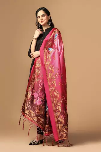 Pink Assam Silk Digital Printed Partywear Dupatta