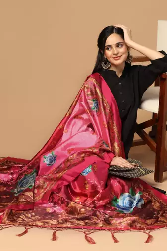 Pink Assam Silk Digital Printed Partywear Dupatta